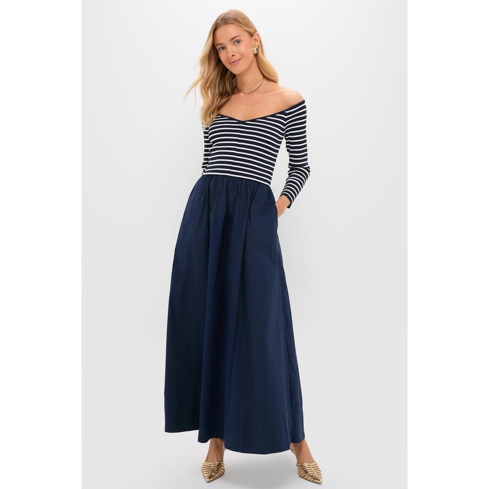Tuckernuck Clea Maxi Dress XL Navy Stripe Off Shoulder Stripe Yacht Nautical NWT